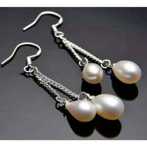 6-7mm White Freshwater Pearl 925 Silver Hook Drop Dangle Earrings (New)